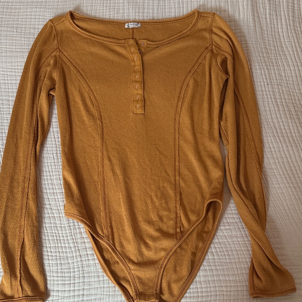 Intimately Free People Mustard Ribbed Henley Bodysuit